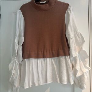 Anthropologie Brown and White Ruffle Sleeve Sweater Blouse